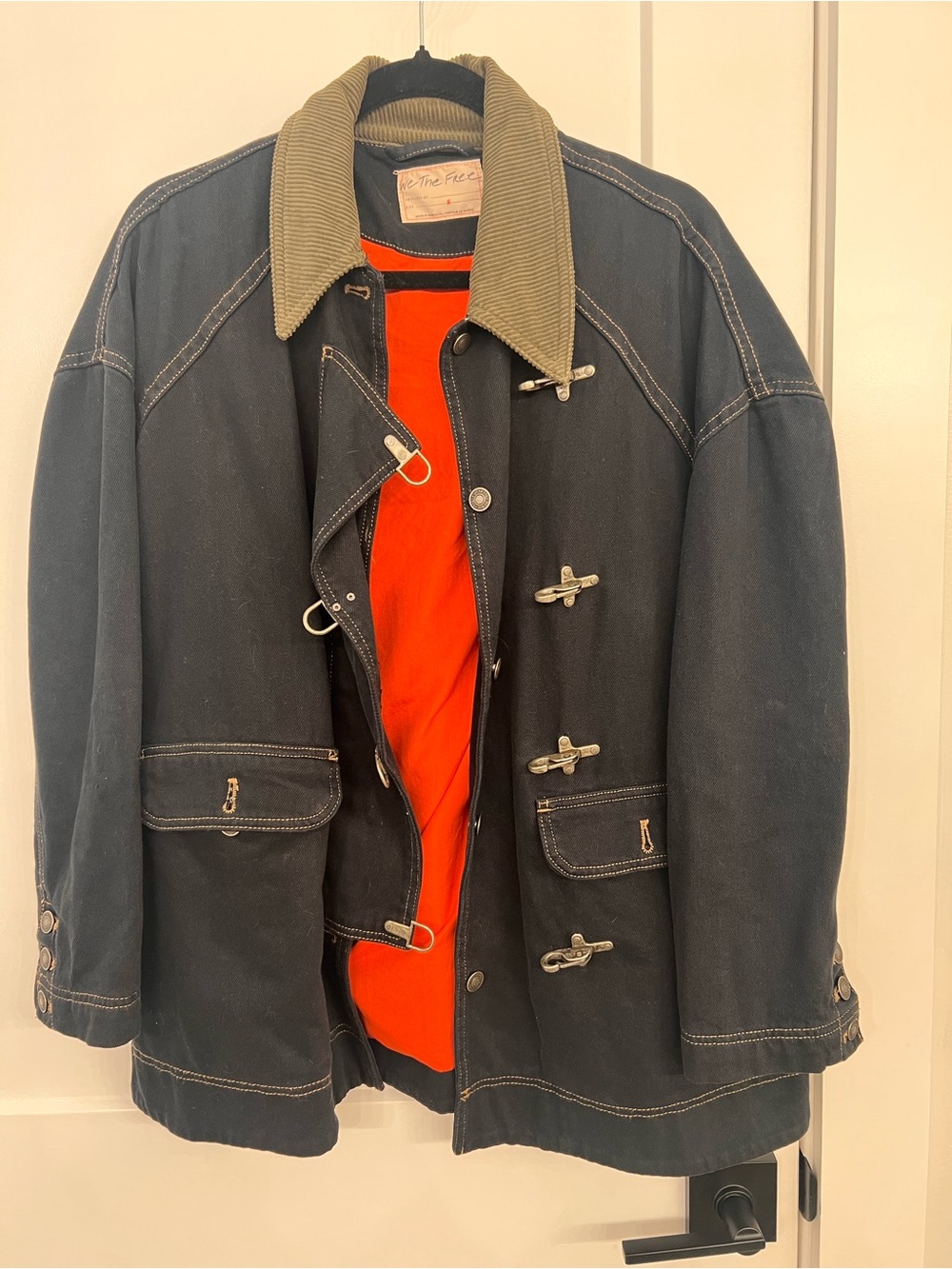 We The Free Navy Trench Coat with Olive Collar and Bright Orange Lining